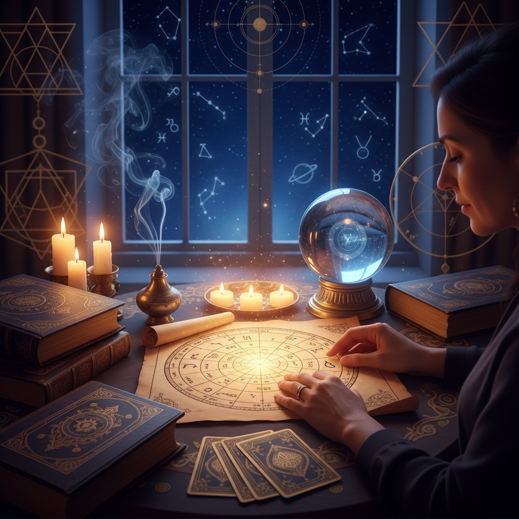 Mystical celestial astrology chart with New York city skyline background