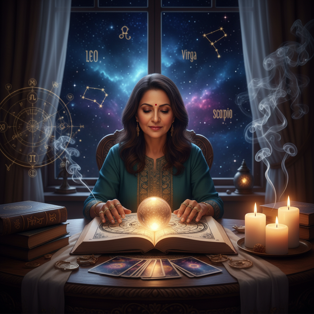 Mystical celestial chart over New York City skyline at night