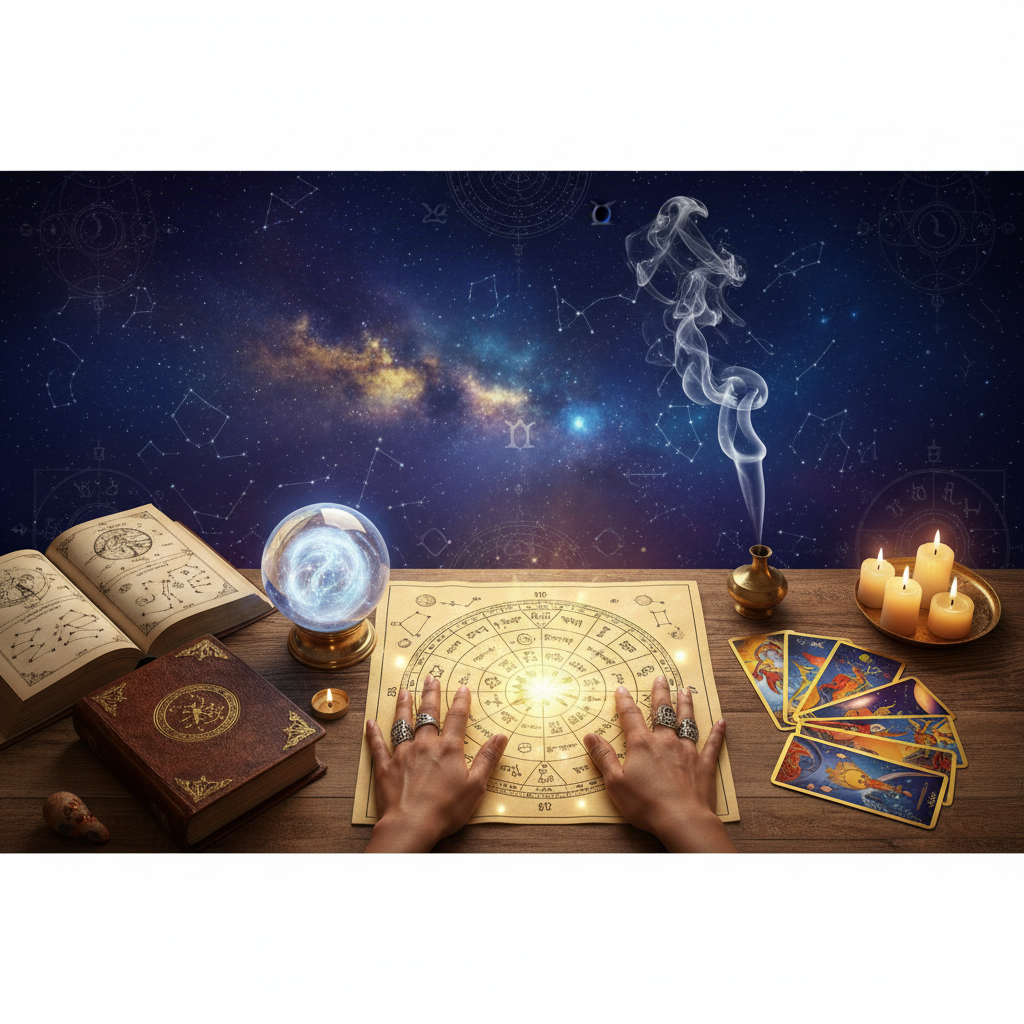 Mystical celestial astrology art in New York City setting