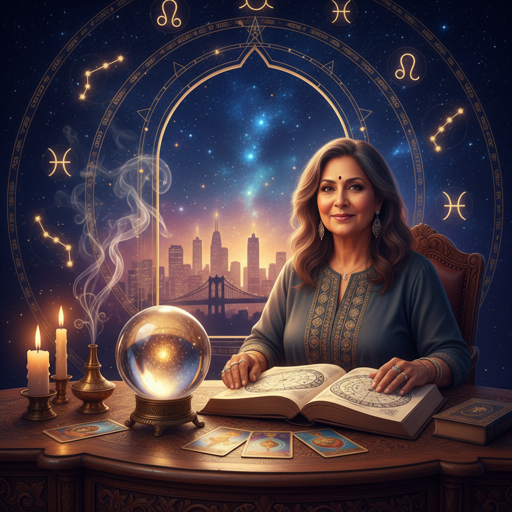 Mystical celestial sky with zodiac symbols over New York City skyline