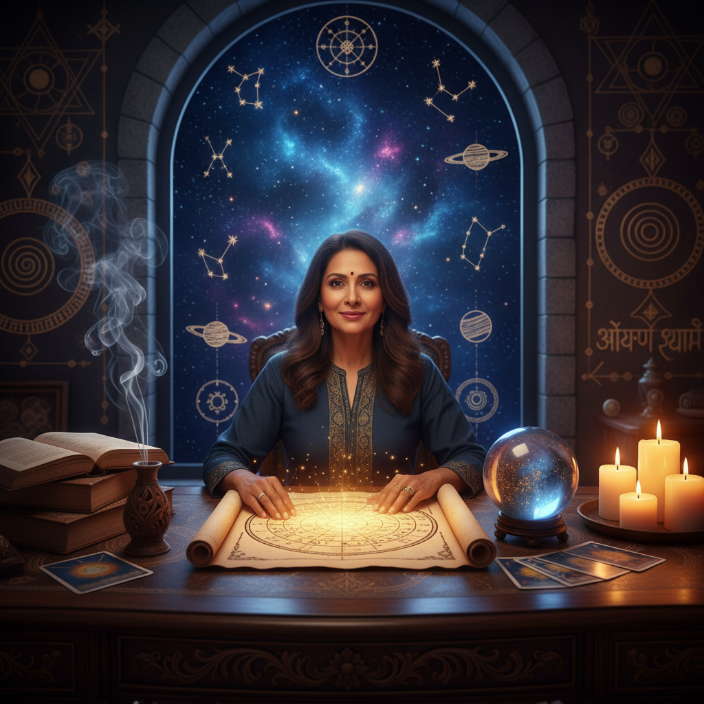 Mystical celestial sky with astrological symbols over New York cityscape
