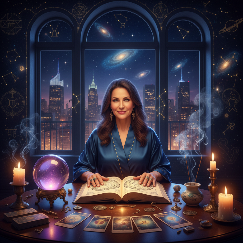Mystical celestial astrology chart over New York City skyline at night