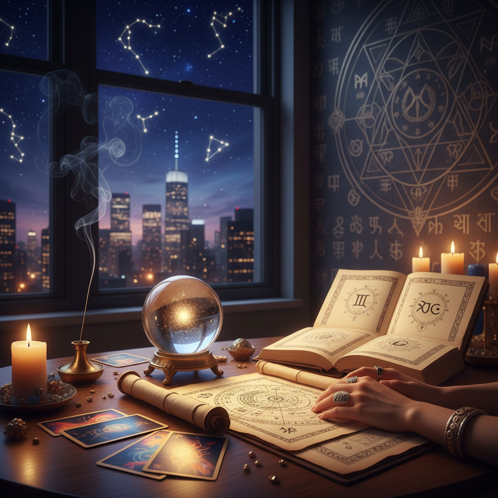 Celestial night sky with stars above Manhattan skyline symbolizing astrology and spiritual guidance