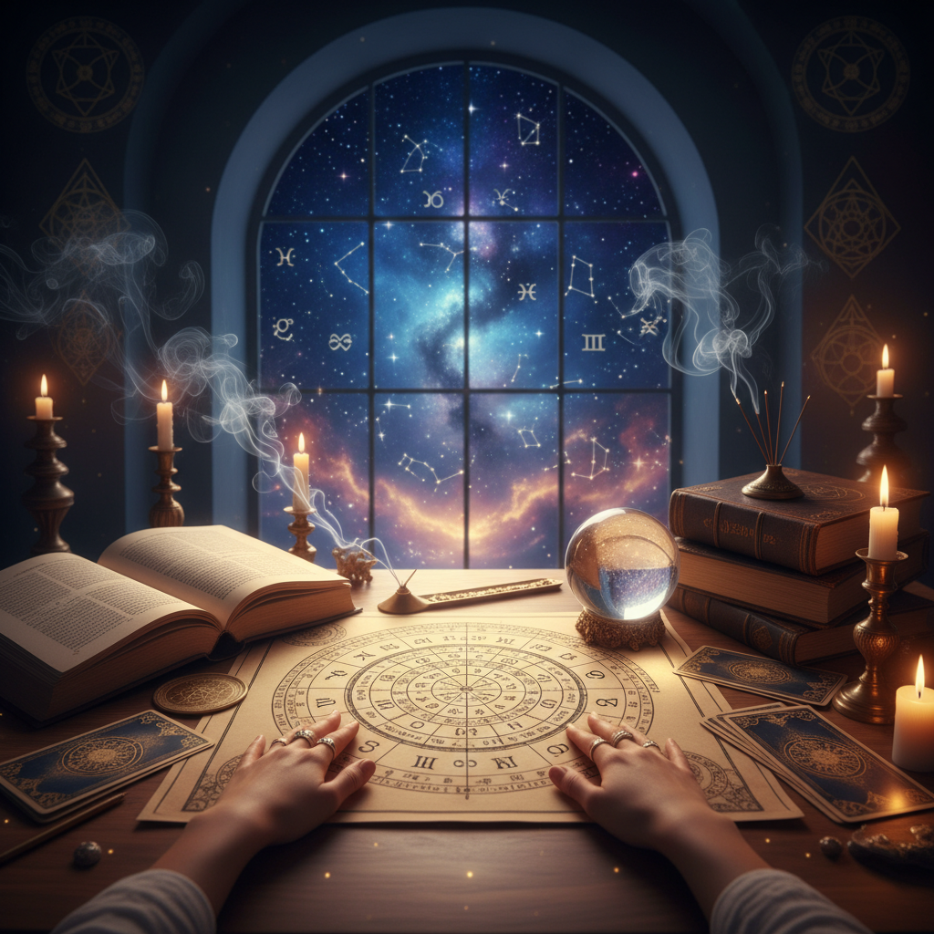 Mystical celestial night sky over New York highlighting astrology services