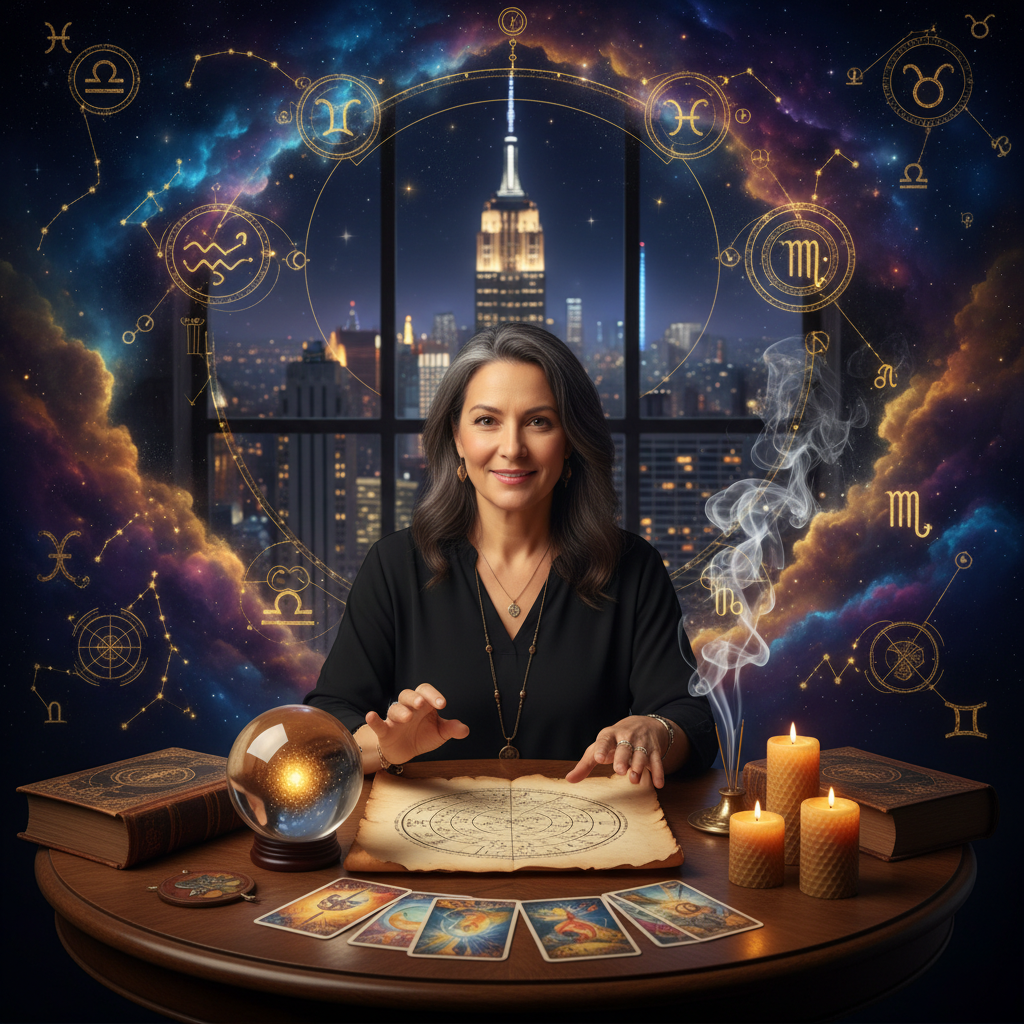 Mystical celestial chart with stars over New York City skyline at night