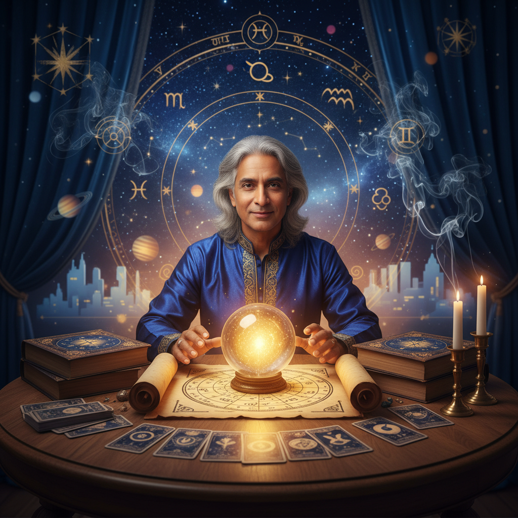 Celestial spiritual artwork with tarot cards and cosmic energy in NYC