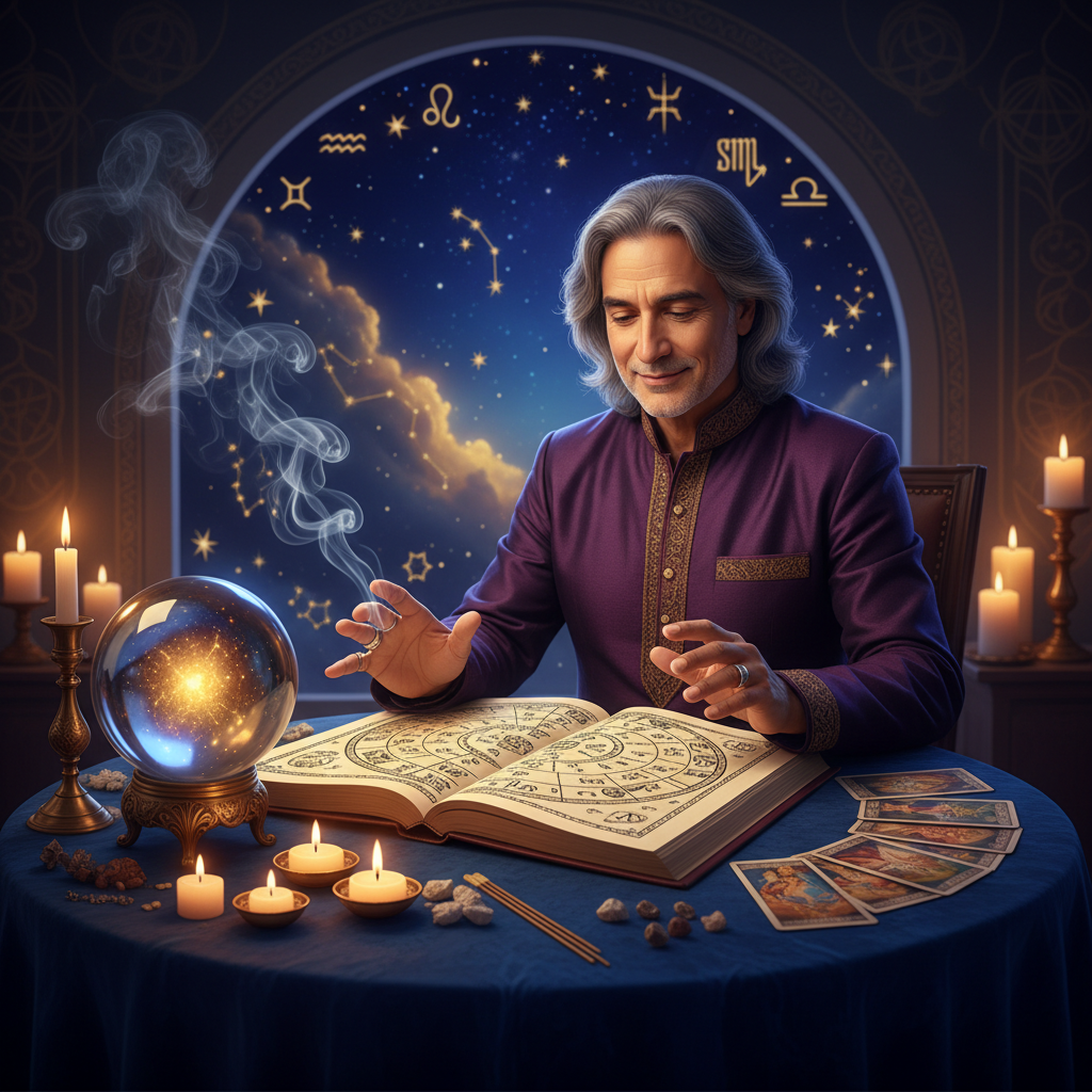 Mystical celestial image with tarot cards and spiritual symbols in New York setting