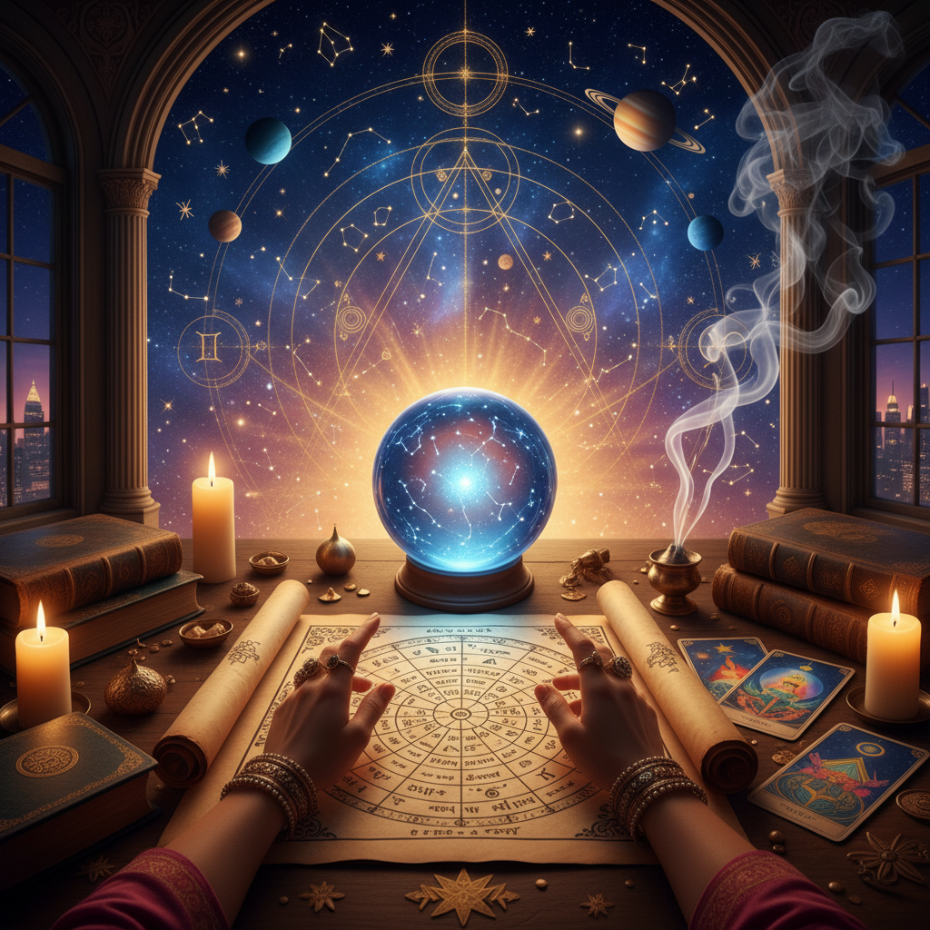 Mystical celestial birth chart with starry background in New York City