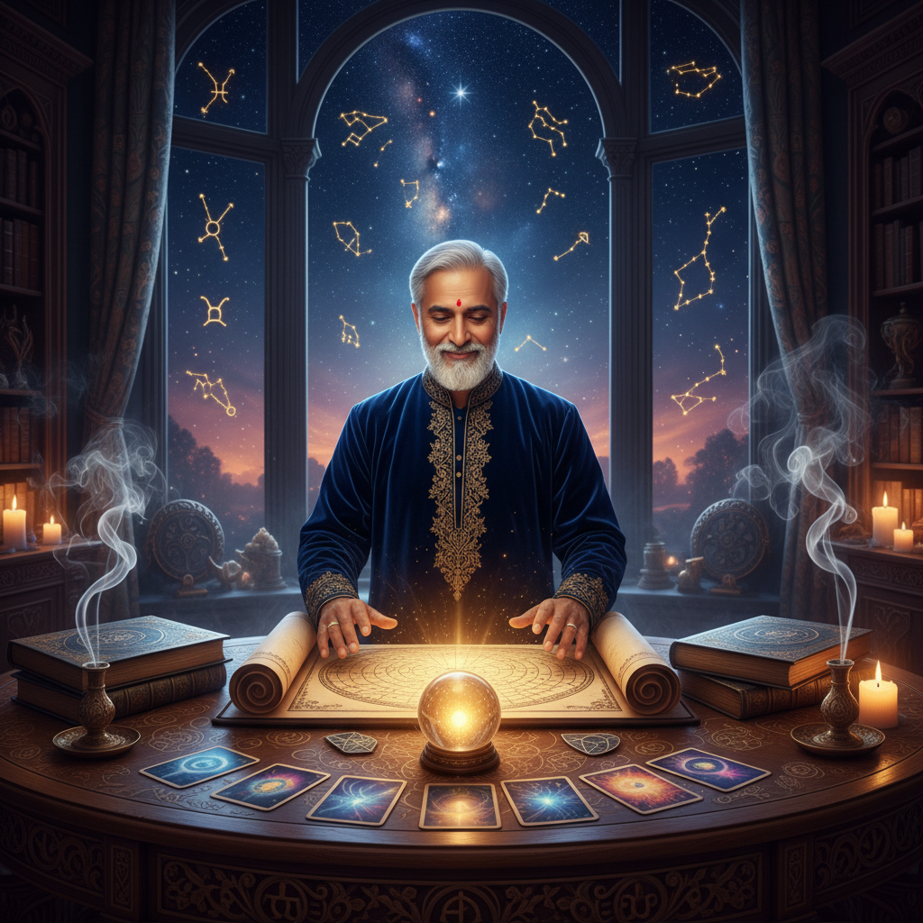 Mystical celestial birth chart illustration over New York City skyline