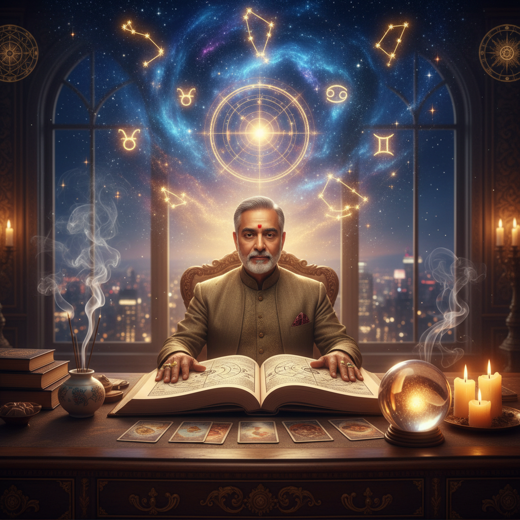 Mystical celestial chart with planetary symbols over New York skyline