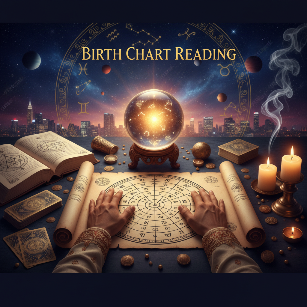 Mystical celestial birth chart over New York city skyline at night