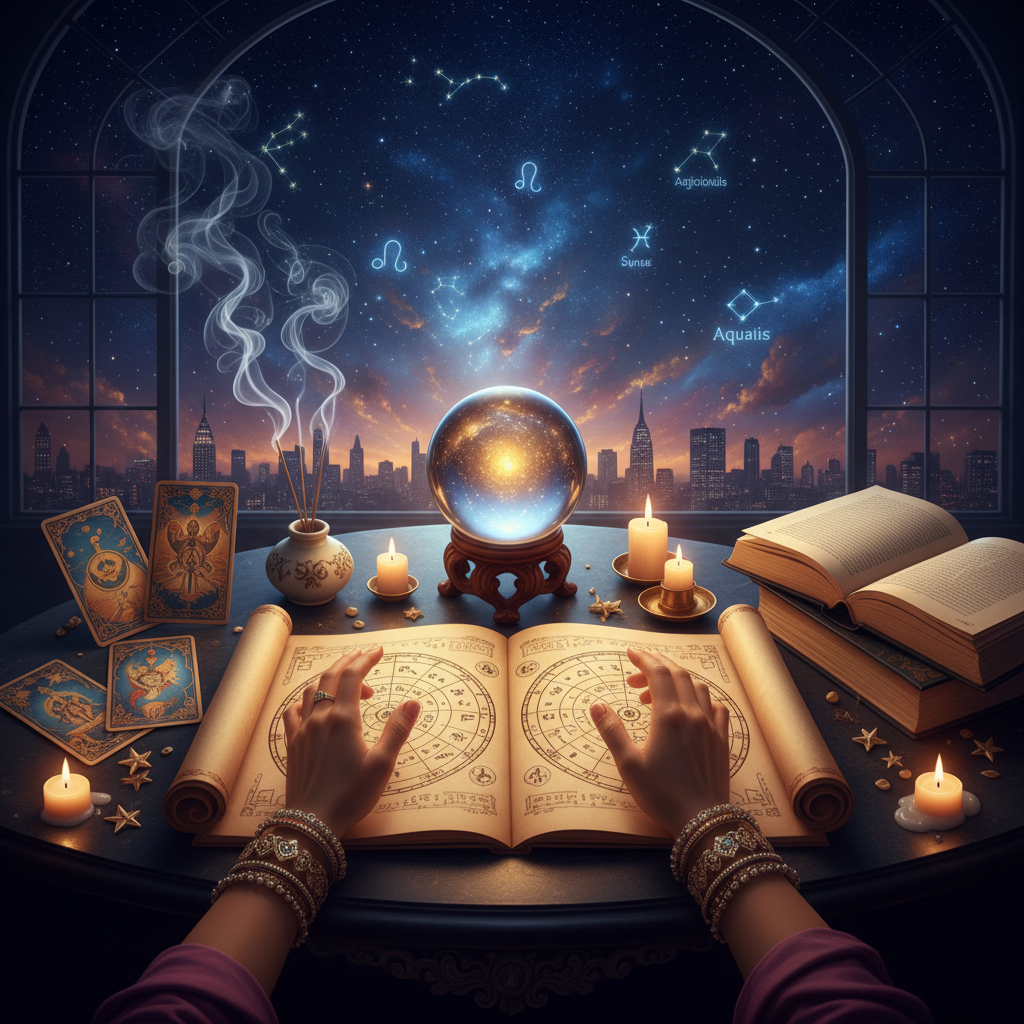 Mystical celestial birth chart glowing over New York cityscape at night