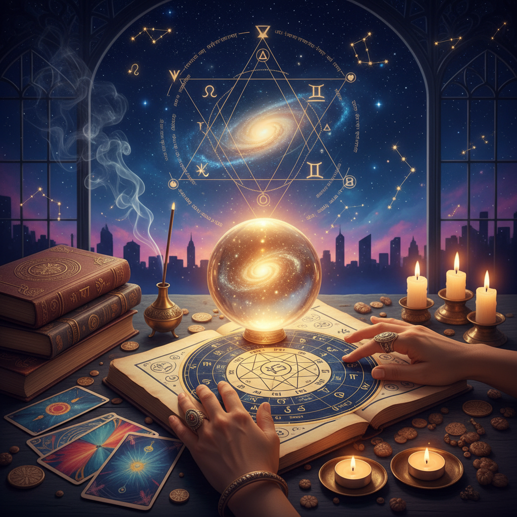 Mystical celestial birth chart illustration with New York skyline background
