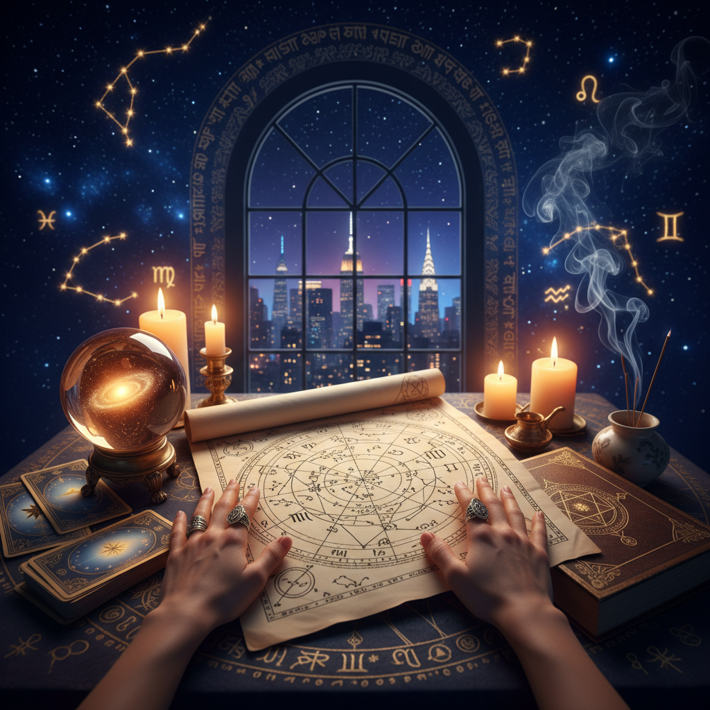 Mystical celestial birth chart visualization in New York rooftop setting