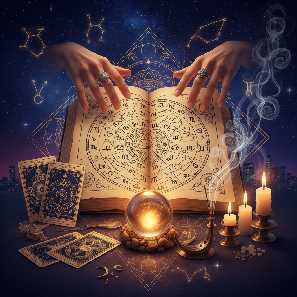 Mystical celestial birth chart with stars and planets over New York skyline