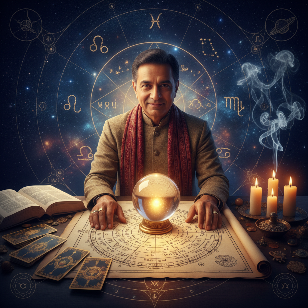 Mystical celestial birth chart with New York cityscape background