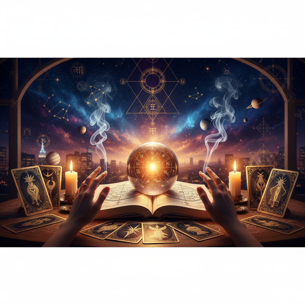 Mystical celestial light and stars symbolizing psychic sight in New York City