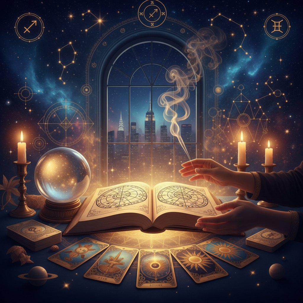 Mystical celestial image with tarot cards and New York skyline background