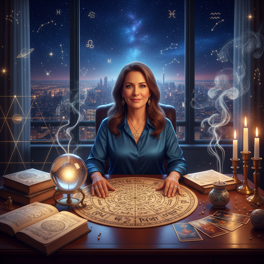 Mystical celestial astrology chart with Manhattan cityscape background