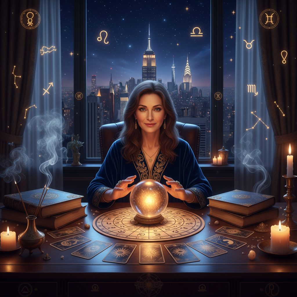 Mystical celestial chart overlay with New York City skyline at night