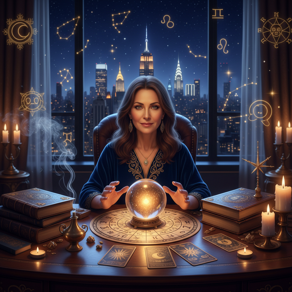Mystical celestial sky with zodiac symbols over New York City skyline at night