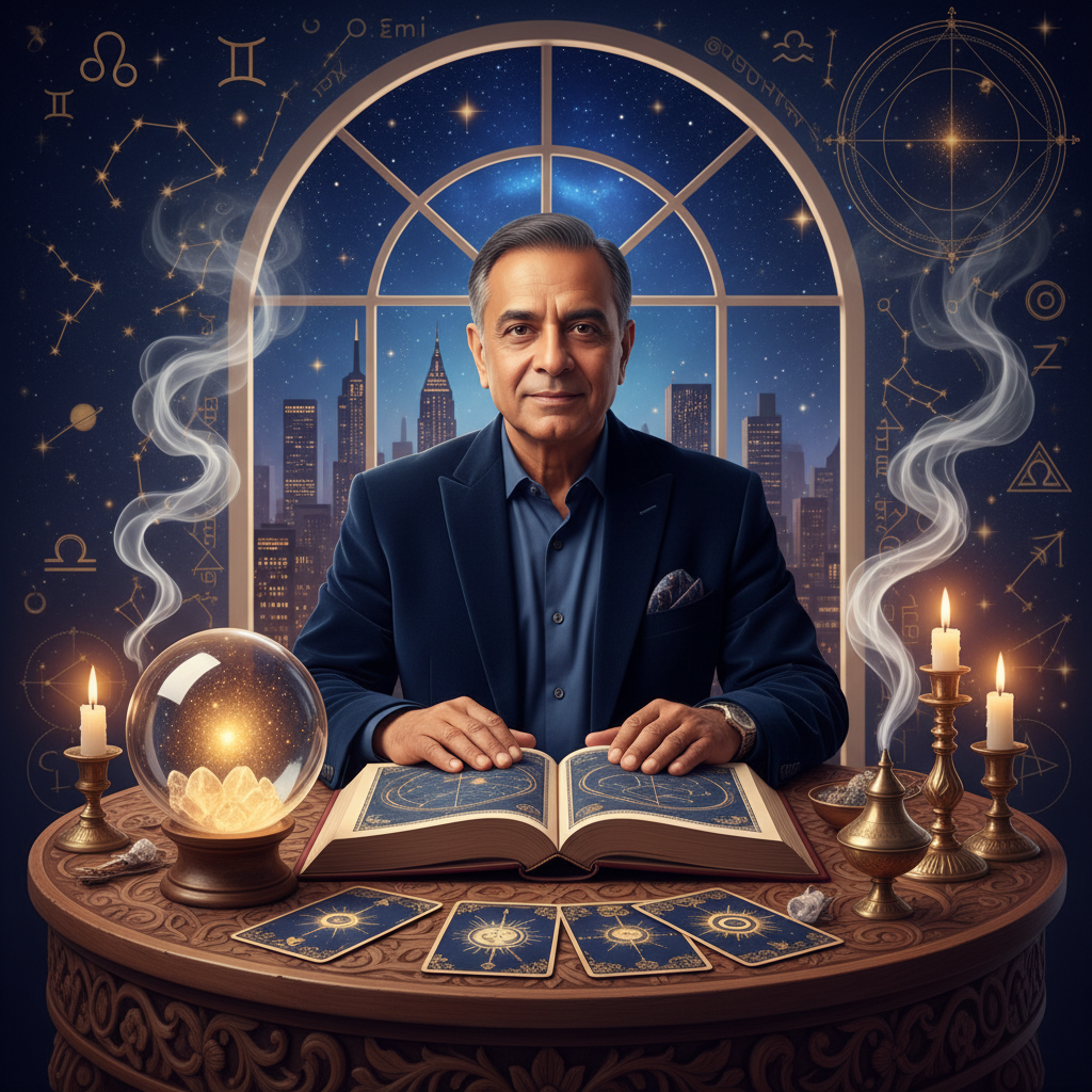 Mystic celestial sky with astrological symbols over New York skyline