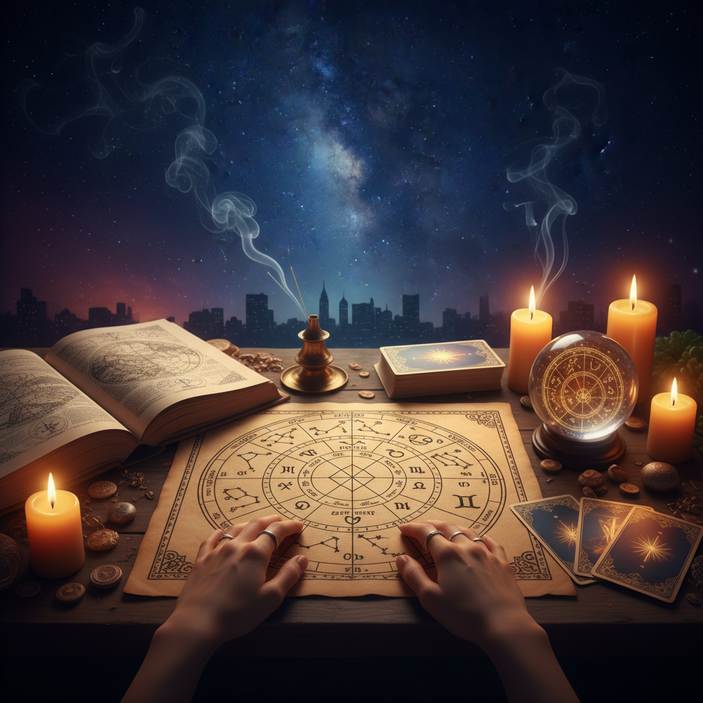 Mystical celestial chart with glowing stars and cosmic symbols in New York setting