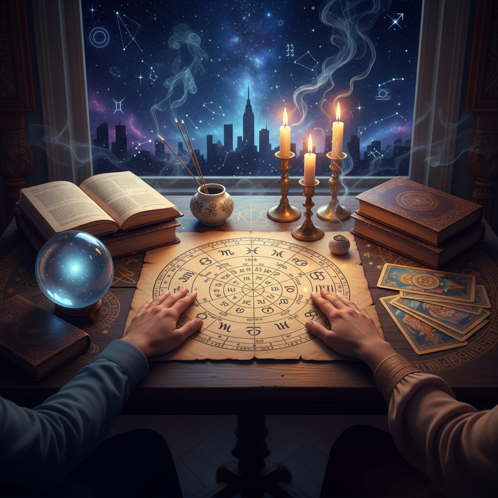 Mystical celestial background with love and relationship symbols in New York