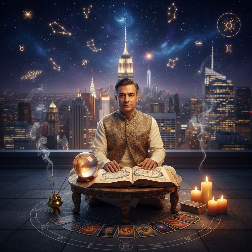 Mystical celestial energy healing session in vibrant New York city