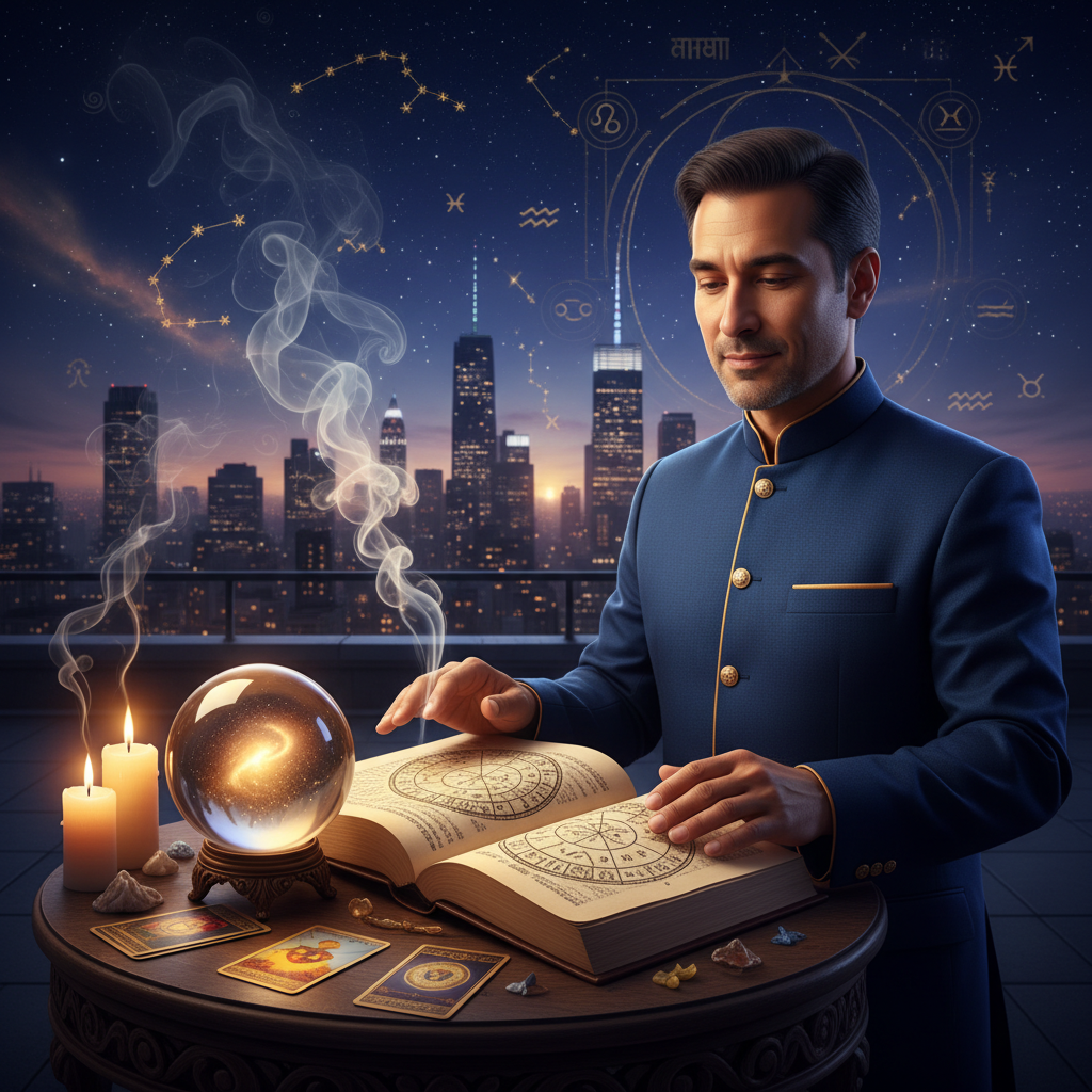Mystical celestial energy cleansing over New York City skyline at night