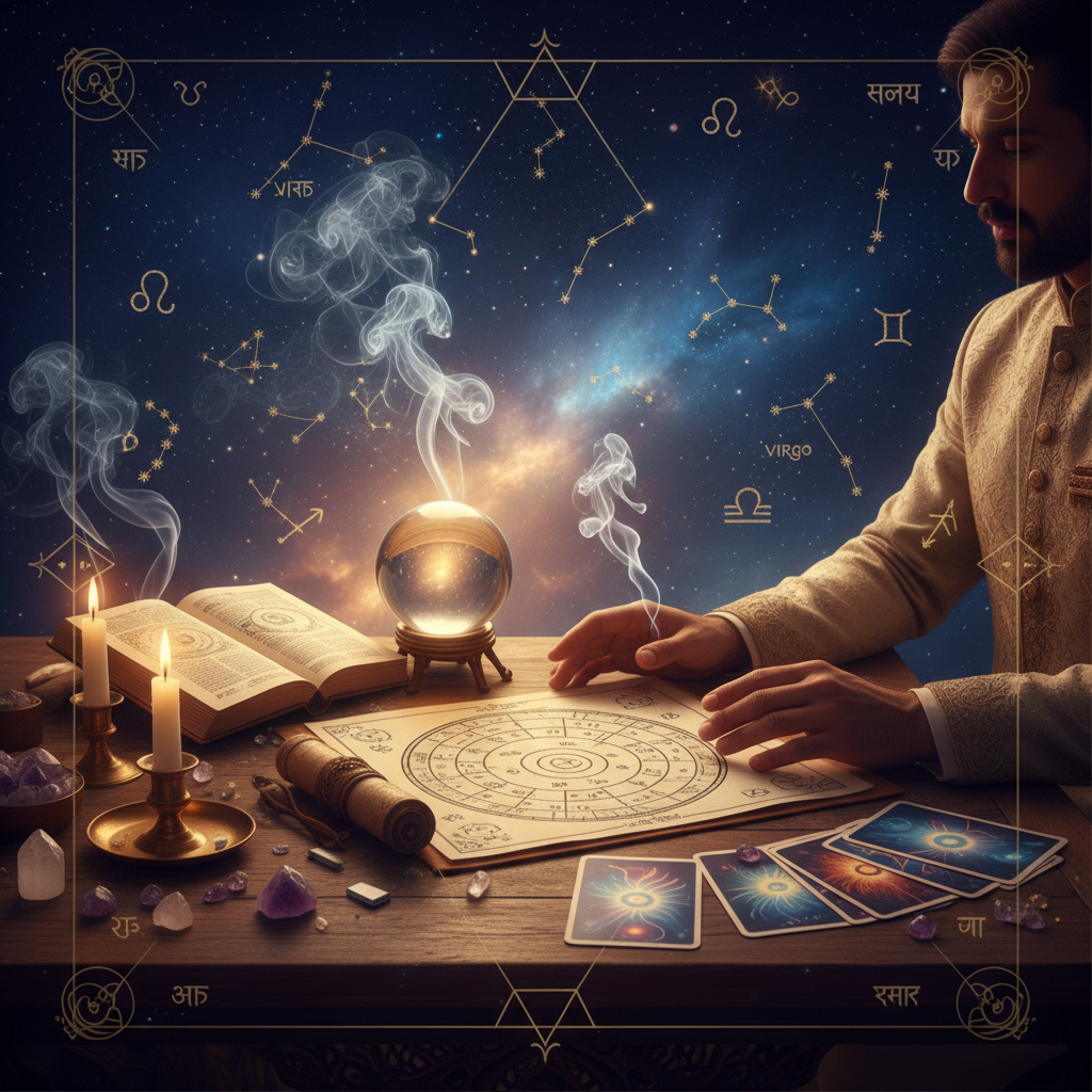 Mystical celestial image of tarot cards and cosmic energy in New York City