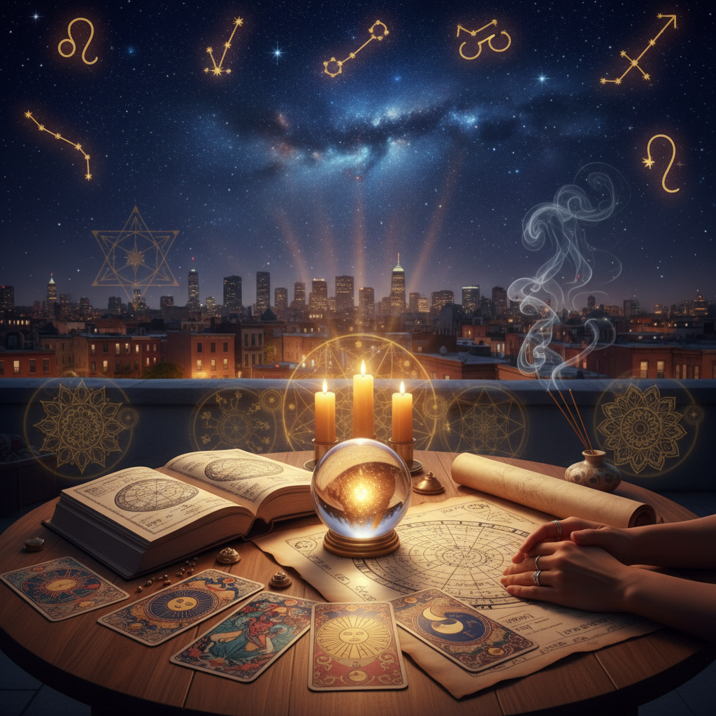 Mystical celestial image with tarot cards and astrology symbols in New York City