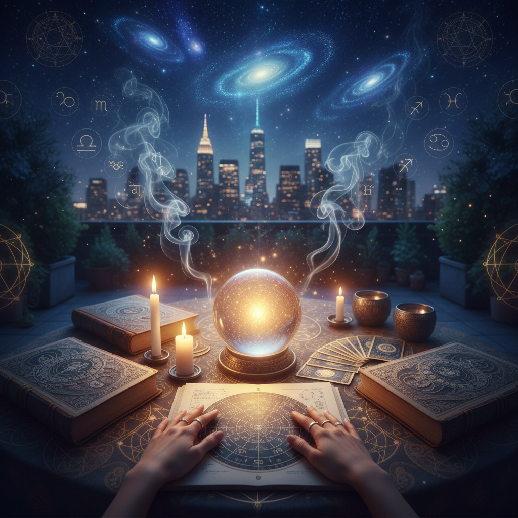 Mystical celestial scene representing spiritual healing in New York City