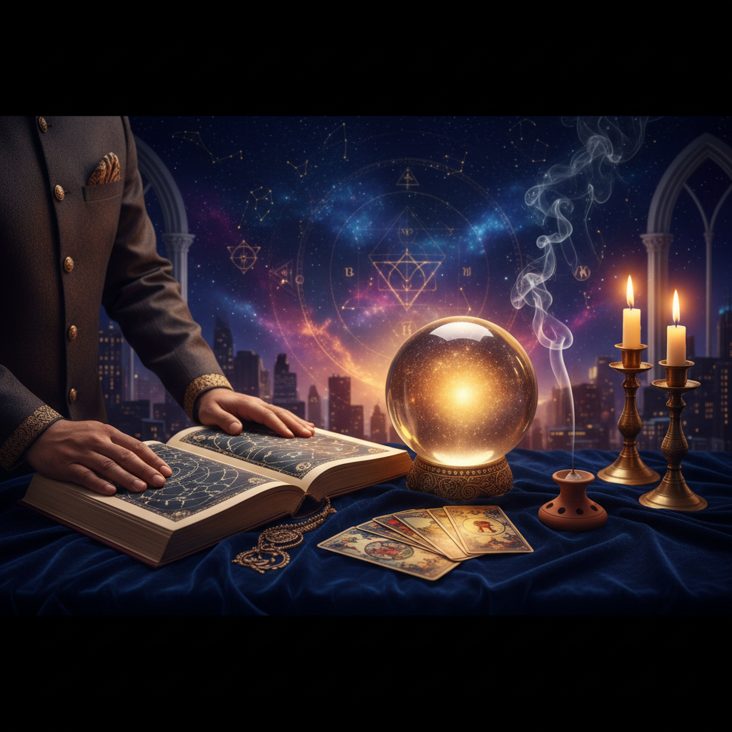 Mystical celestial lights and tarot cards symbolizing psychic reading in New York