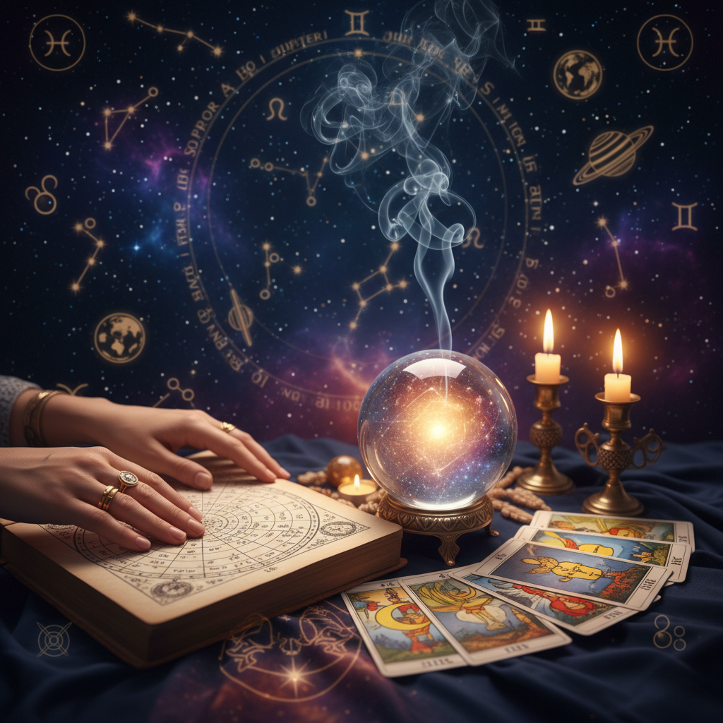 Mystical celestial image with tarot cards and Vedic symbols in New York setting