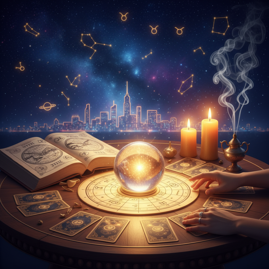 Mystical celestial scene symbolizing psychic reading in New York City