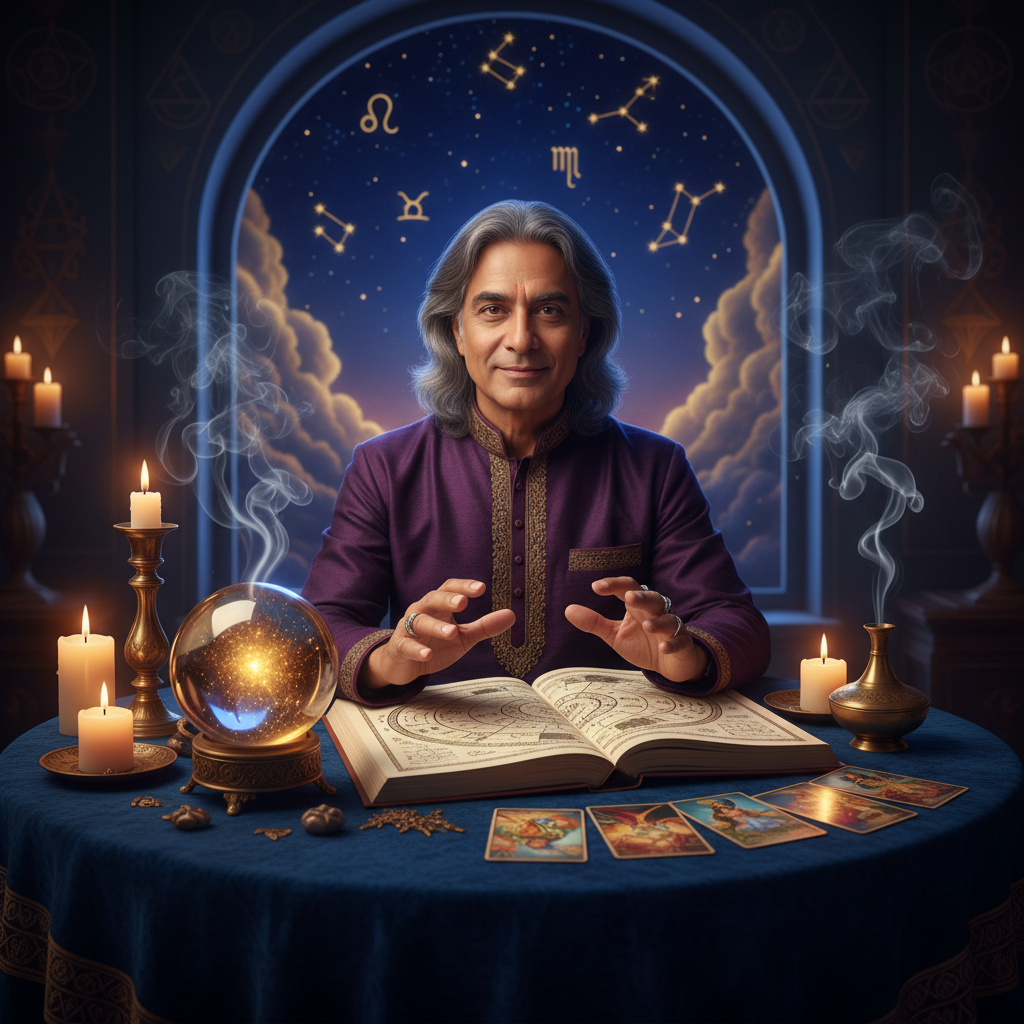 Mystical celestial image with tarot cards and glowing aura in NYC setting