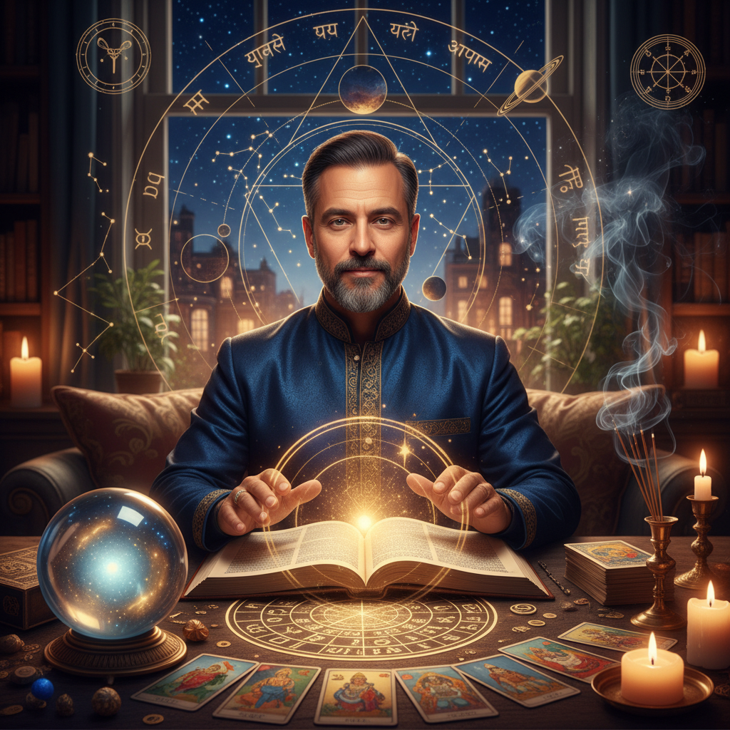 Mystical celestial image with tarot cards and stars over New York City skyline