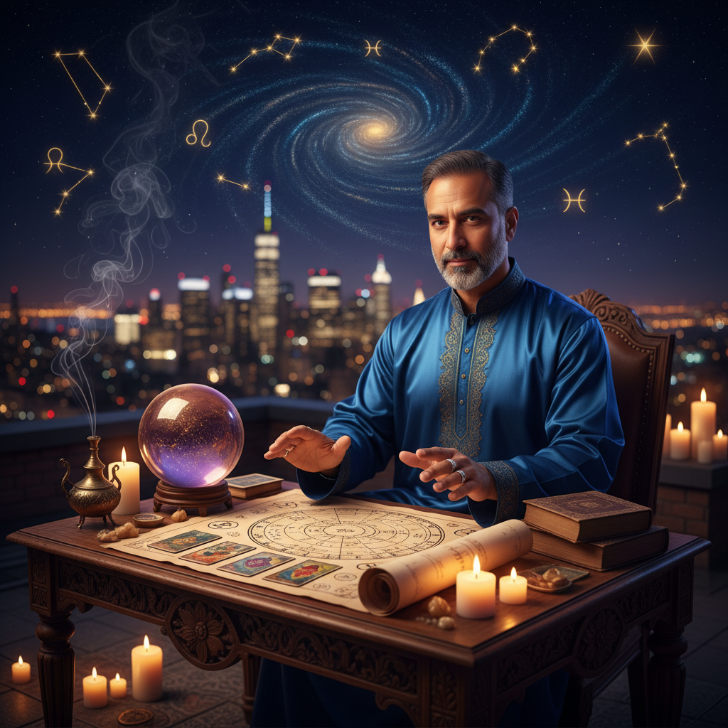 Mystical celestial energy field above New York skyline suggesting spiritual cleansing