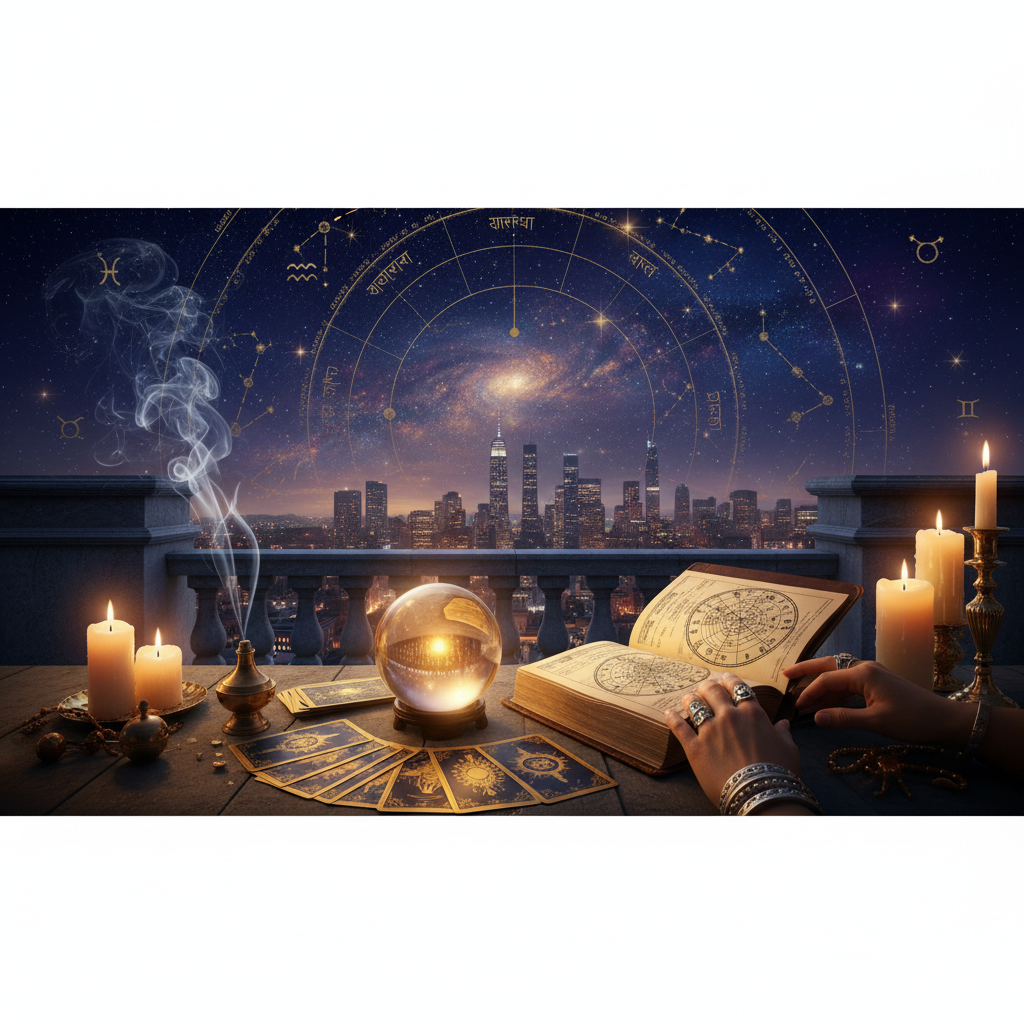 Mystical celestial aura glowing over New York City skyline at night