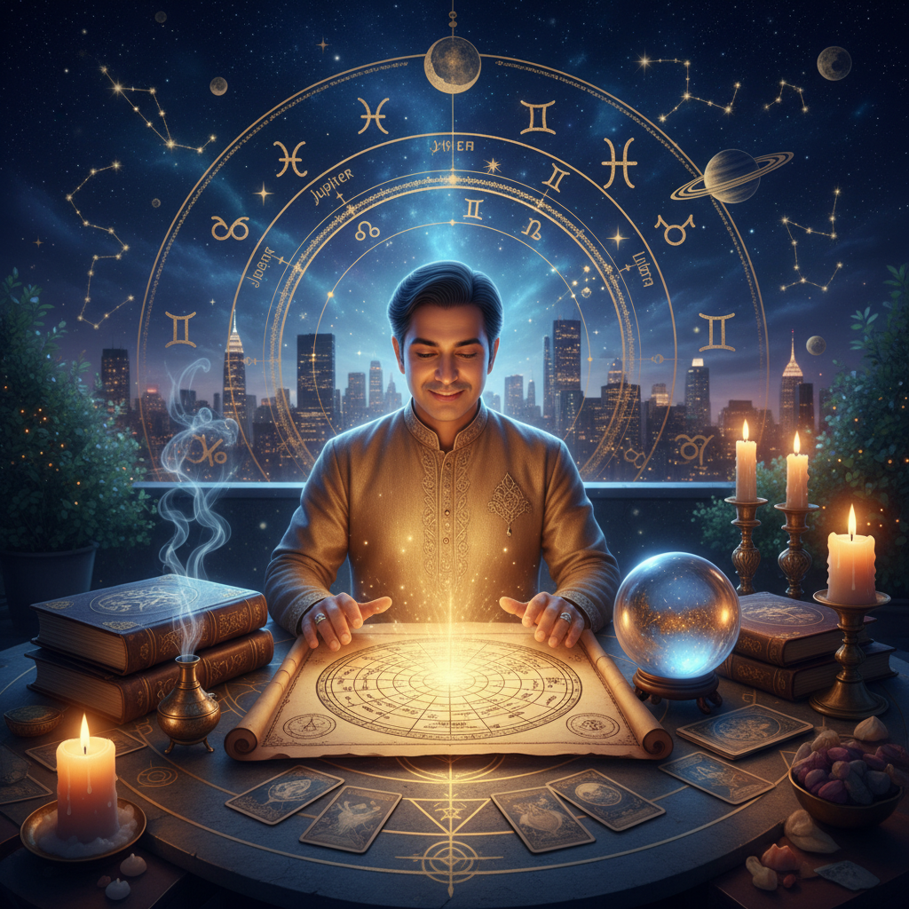 Mystical celestial aura cleansing with NYC skyline background