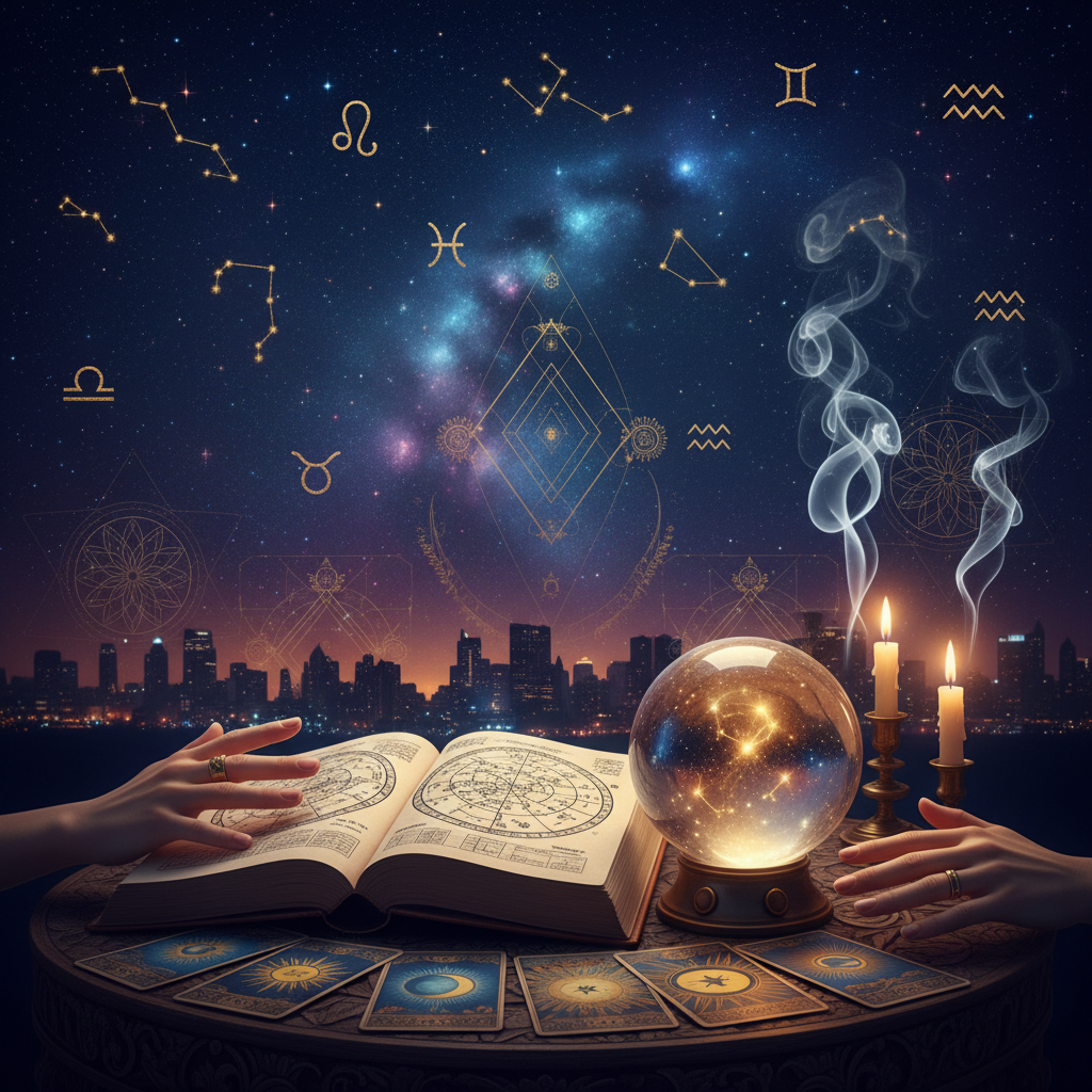 Mystical celestial aura cleansing energy with NYC skyline background
