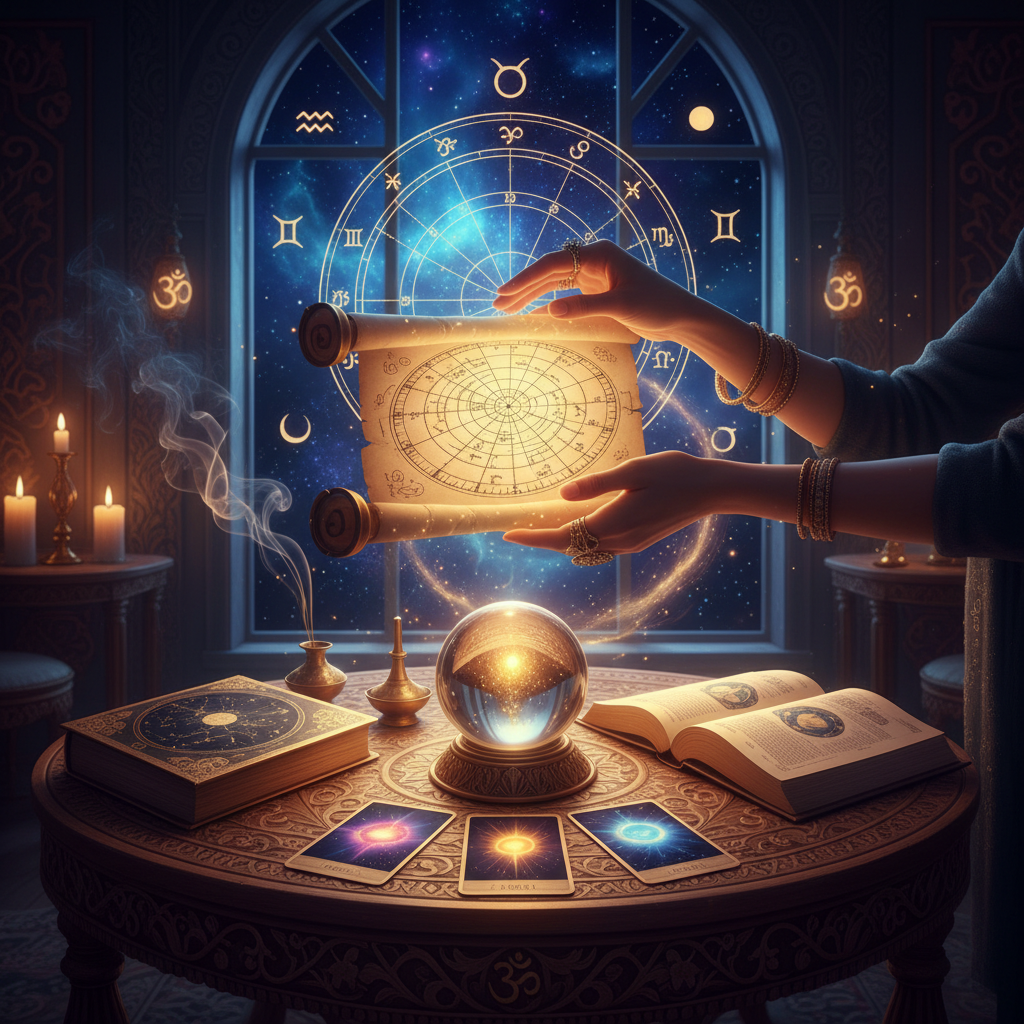 Mystical celestial energy healing illustration in New York city setting