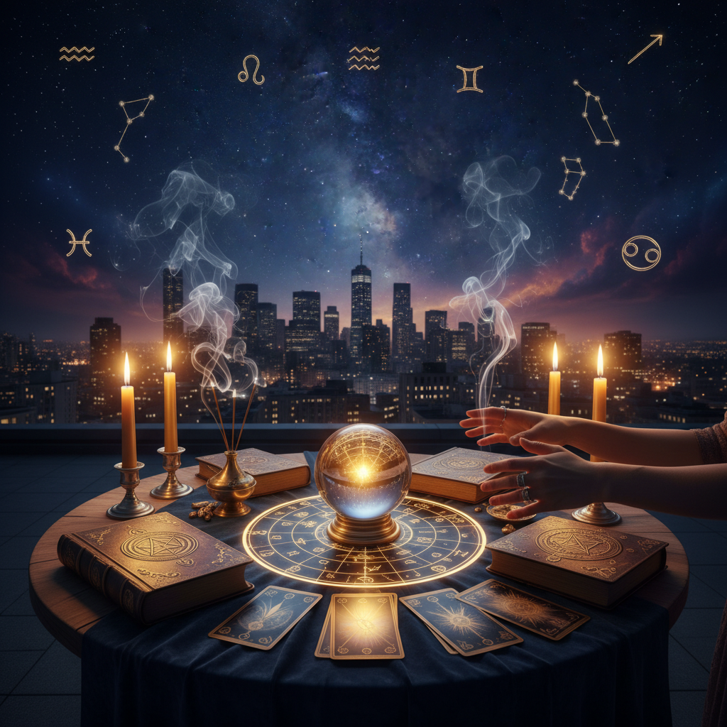Mystical celestial energy surrounding a peaceful figure in New York City