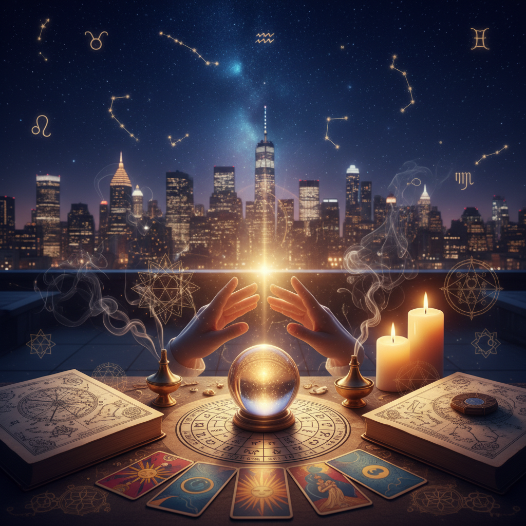 Mystical celestial aura cleansing energy glowing over New York cityscape
