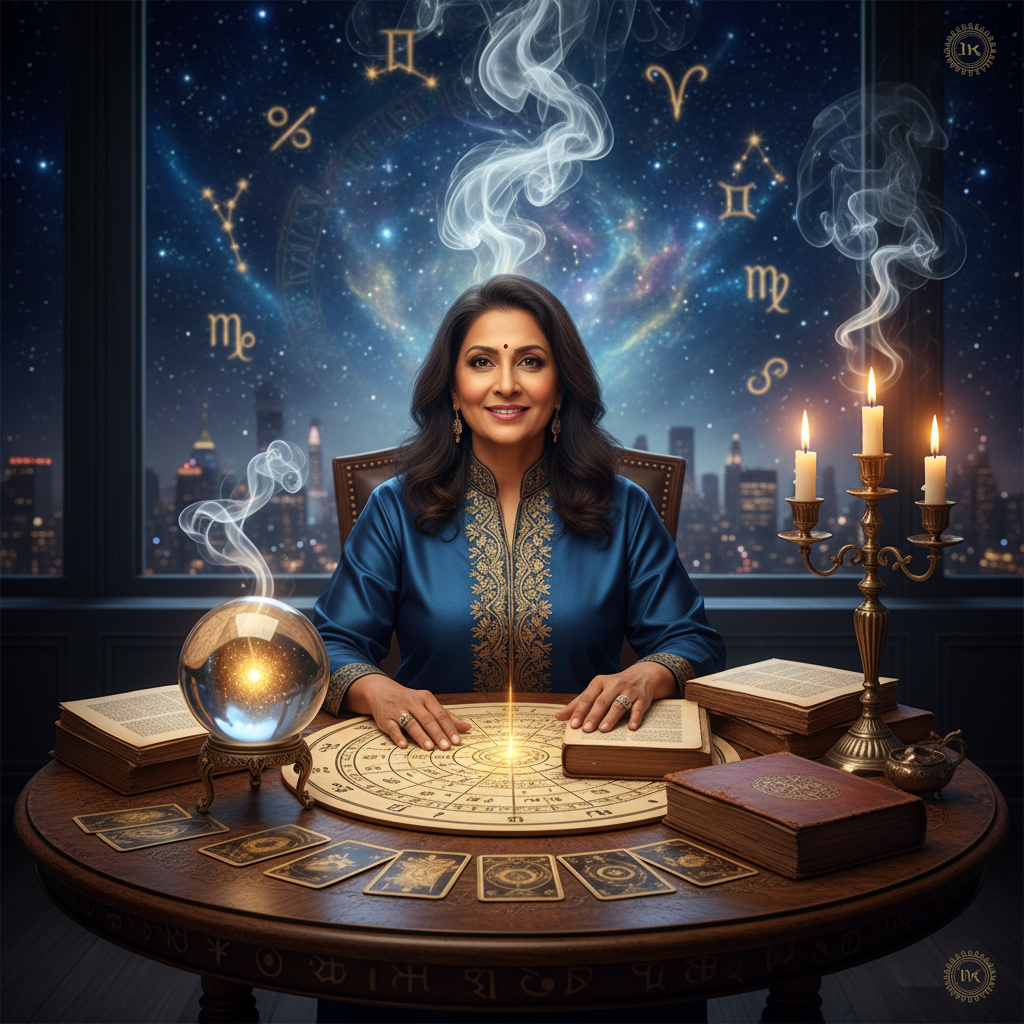 Mystical celestial background with stars and planets over New York City skyline