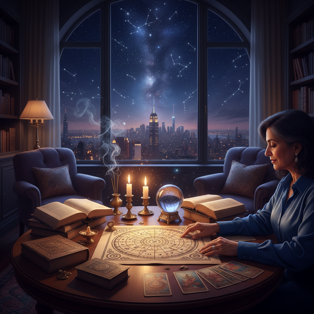 Celestial astrology chart glowing over New York City skyline at dusk