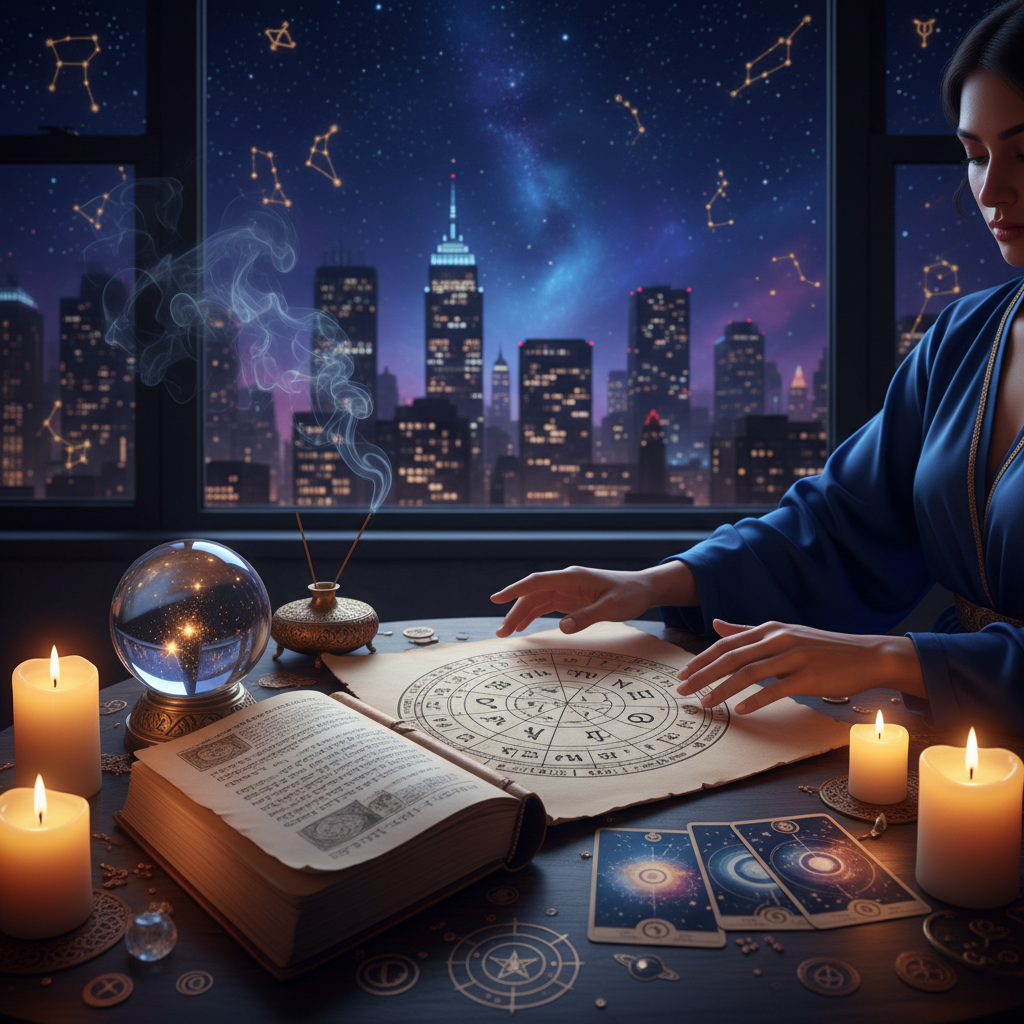 Mystical celestial scene with zodiac signs over New York skyline