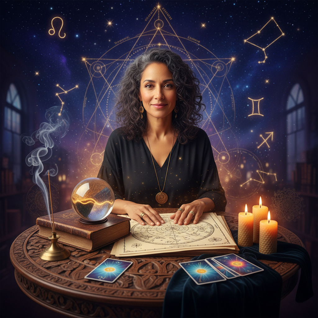 Trusted Astrologer Harlem New York for Vedic Guidance Mystical celestial chart glowing over a Harlem NYC skyline at night
