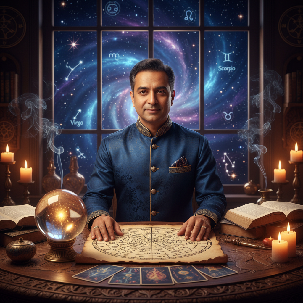 Expert Astrologer Harlem New York | Master Krish NYC Mystical celestial night sky over Harlem New York with spiritual symbols